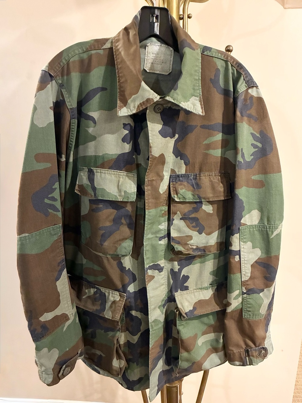 VTG 80s US Military Woodland Camo BDU Combat Coat Field Shirt Jacket Medium Long